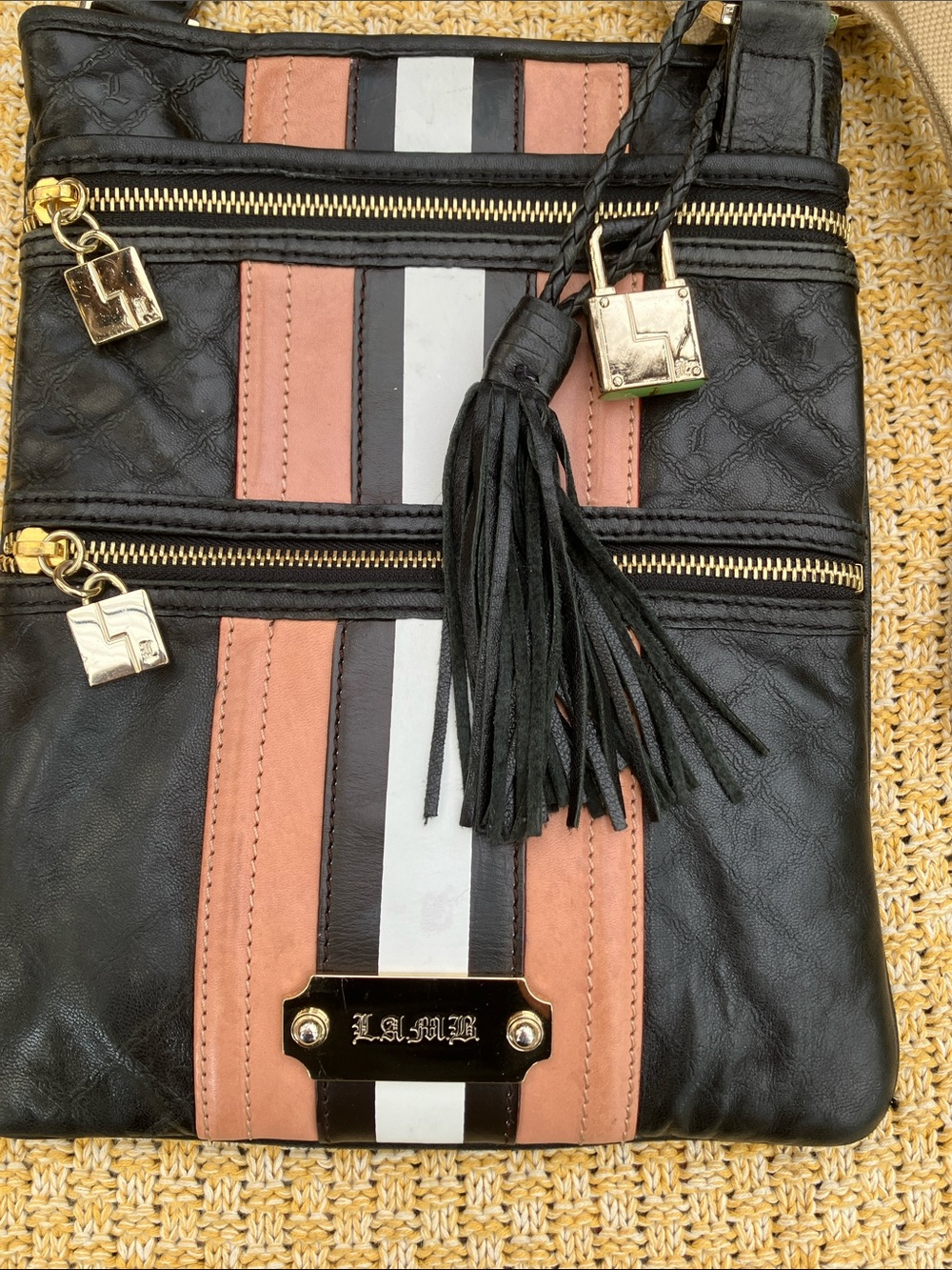 L.A.M.B. By Gwen Stefani Y2K Black with Pink & White Stripes Crossbody